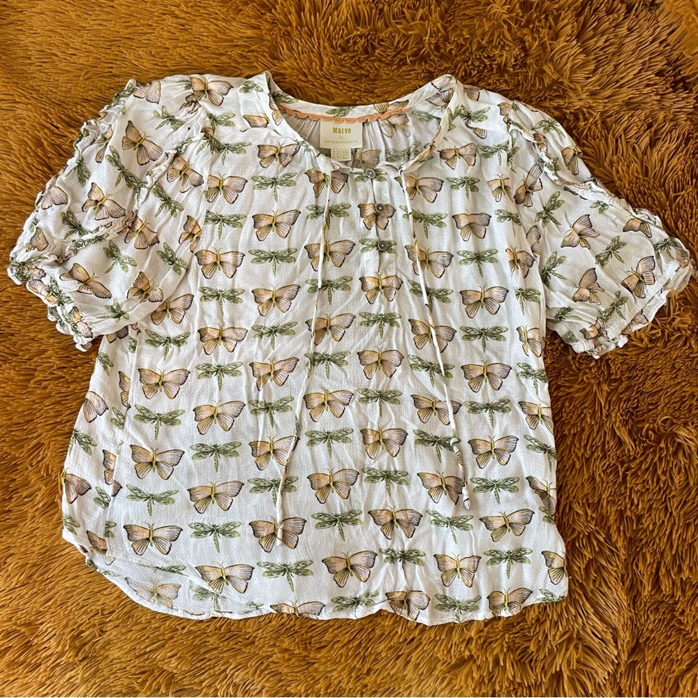 Maeve White Blouse Dragonfly Moth Butterfly Anthropologie 14 XL Lightweight EUC